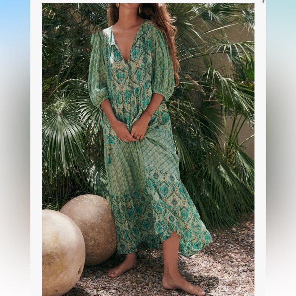 Zara | boho green metallic maxi dress. | S